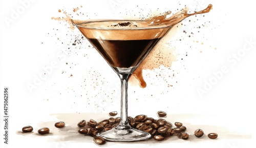 Elegant Coffee Cocktail with Splash and Coffee Beans on Table