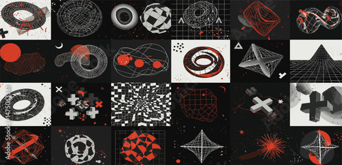 Vector graphic assets set in acid style, retro futuristic background with wireframe elements of different forms, bold modern shapes for design template, poster, stickers, banner