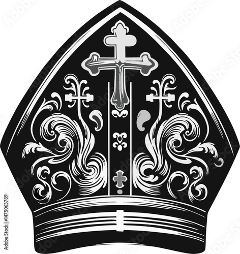 Baroque Bishop Mitre with Ornamental Cross Design – Vintage Black and White Religious Headdress Vector Illustration