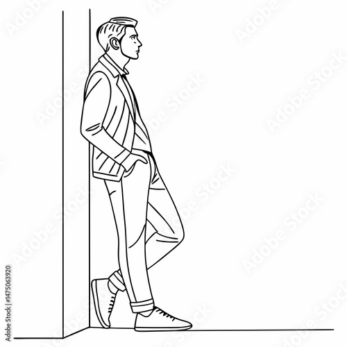 Young man illustration, relaxed, leaning against a wall, in minimalist style
