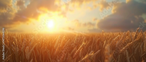 Sunset over golden wheat field, symbolizing thriving agriculture business, warm backdrop design.