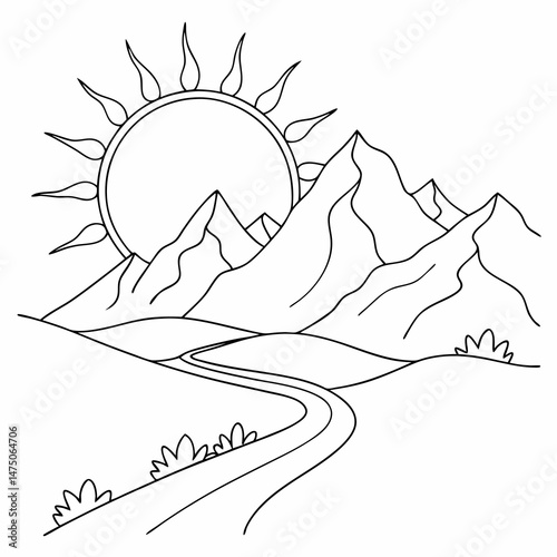 Mountain landscape illustration with sun in line art style, monochrome design, copy space