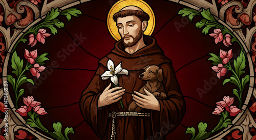 Saint Francis of Assisi with Dog and Flower Stained Glass Window Art Christian Faith Spirituality