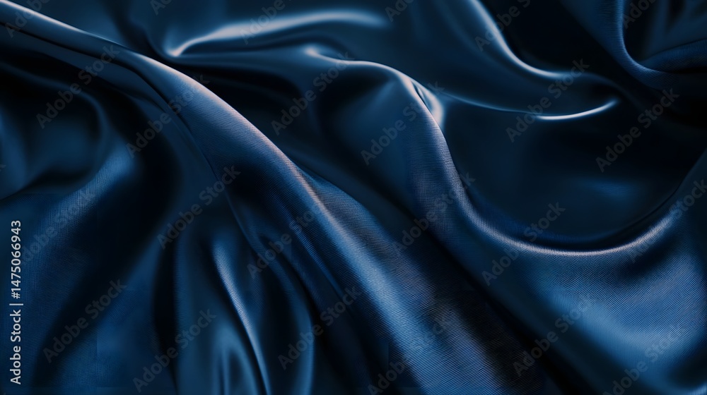 Fototapeta premium Mesmerizing close up of a blue satin fabric with a smooth flowing texture and graceful cascading folds and curves