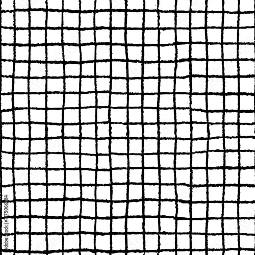 Seamless checker pattern with hand drawn black lines on white background. Rou...