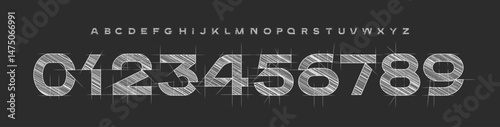 Technical Sketch Number Font, Blueprint Alphabet for architecture posters, engineering design, tech manuals, and mechanical branding. Perfect for drafts, UI, construction themes. Vector Illustration.