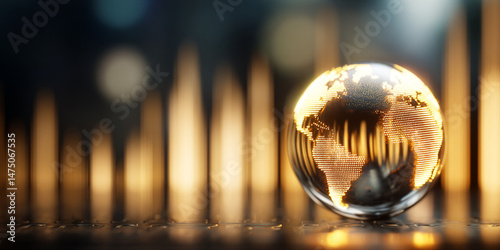 Futuristic digital earth model glowing warm light, symbolizing global connectivity and innovation, stands prominently against backdrop of rising golden bars, evoking sense of progress