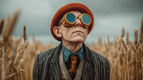Man in steampunk goggles and a hat standing in a wheat field, with a serious gaz