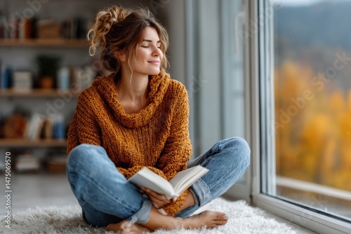 Young woman enjoys reading a book in cozy sweater while sitting by large window with autumn view
