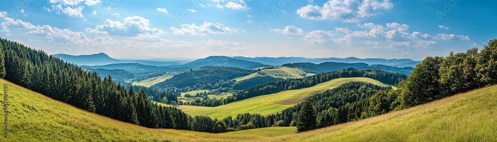 Obraz premium Panoramic View Rolling Green Hills, Lush Forests, Blue Sky, Mountain Landscape, Nature Scenery, Hiking Destination Landscape Photography, Mountain Views