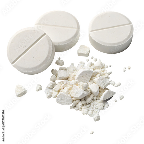 Whole and crushed white tablets, medicine, pharma, png transparent background