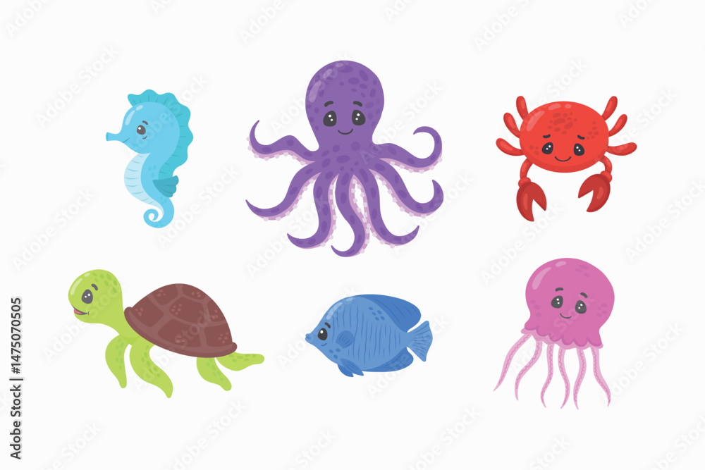 Obraz premium Set of marine animals. turtle, octopus, seahorse