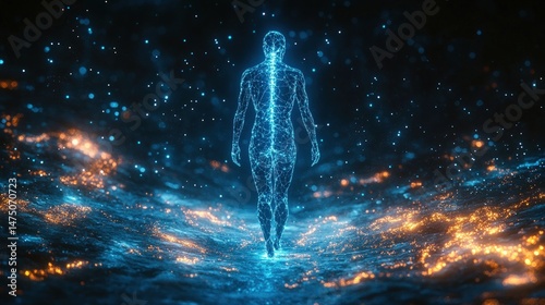 Abstract digital representation of a human figure walking through a vibrant, otherworldly landscape
