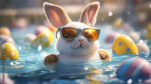 Cool Bunny in Pool with Easter Eggs