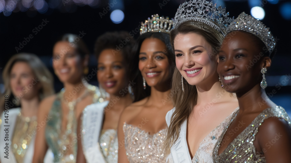 Obraz premium A glamorous moment from the Miss Universe competition, featuring contestants in elegant evening gowns on a brightly lit stage, smiling with confidence under spotlights.