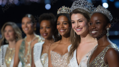 A glamorous moment from the Miss Universe competition, featuring contestants in elegant evening gowns on a brightly lit stage, smiling with confidence under spotlights. 