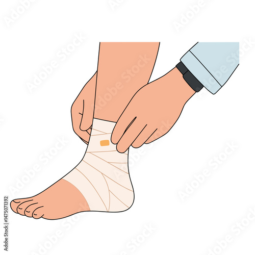Doctor wrapping ankle with bandage, vector illustration  