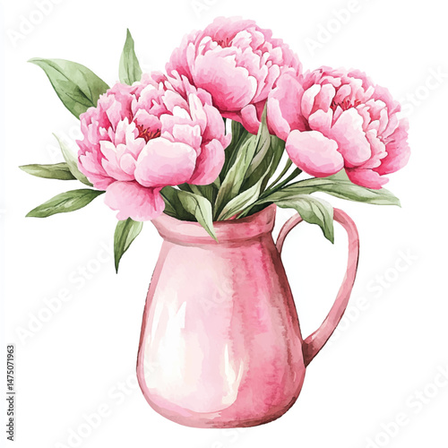 Cute cartoon watercolor A bouquet of peonies in a vase