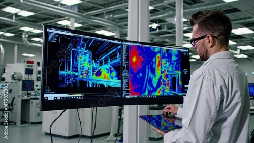 Male scientist in a white lab coat analyzing thermal imaging data on dual monitors in a modern laboratory. Concept of research, technology, and industrial diagnostics