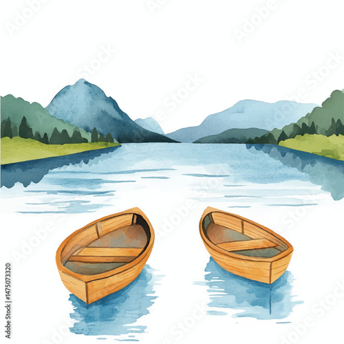 Cute cartoon watercolor A calm river with wooden boat