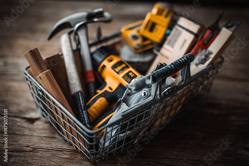 Shopping Cart Filled with Construction Tools and Materials