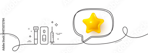Vaccine syringe line icon. Continuous line with 3d star. Coronavirus Blood and Saliva test sign. Vaccination symbol. 3d star in speech bubble. Blood and Saliva test single line ribbon. Vector