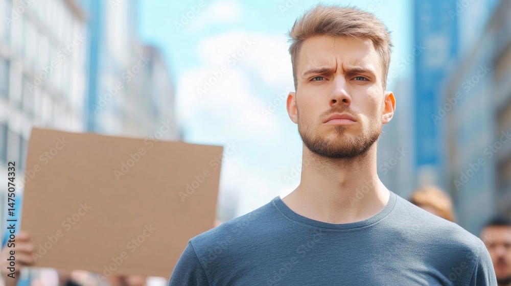 Fototapeta premium Young Man with Serious Expression in Urban Protest Setting