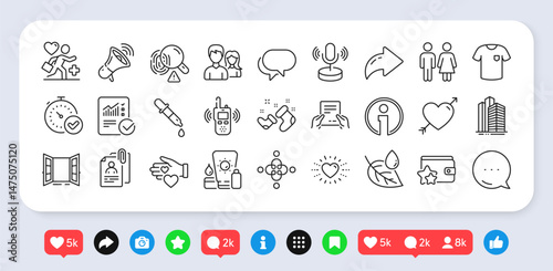 Receive file, Heart and Loyalty program line icons pack. Social media: share, comment, like icons. Info, Fast verification , T-shirt web icon. Inclusion, Talk bubble, Love pictogram. Vector