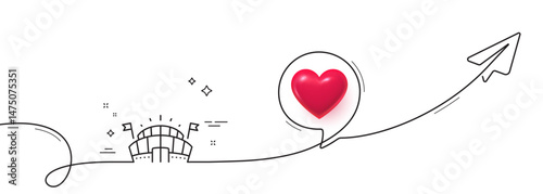 Sports arena line icon. Continuous line with share plane. Stadium with flags sign. Sport complex symbol. 3d heart in speech bubble. Sports arena single line ribbon. Loop curve pattern. Vector
