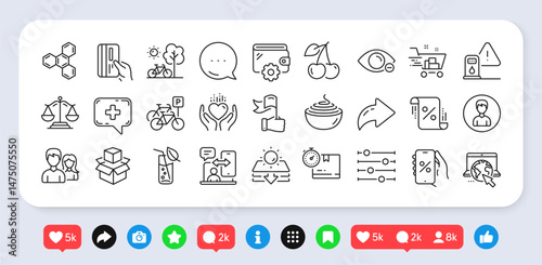 Person, Internet and Teamwork line icons pack. Social media: share, comment, like icons. Petrol station, Medical chat, Justice scales web icon. Vector