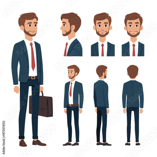  Business man. Character constructor for animation. Front, side and back view set. Body parts, postures, poses collection. Vector illustration.