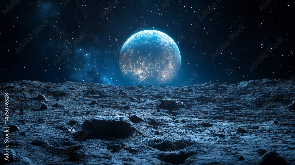 Obraz premium Distant planet seen from a rocky surface under a starry, dark sky