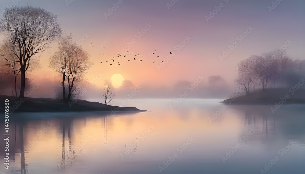 Fototapeta premium Serene Dawn: A Tranquil Morning by the Water..