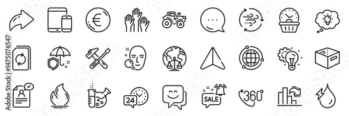 Hydroelectricity, Face search and Smile face line icons pack. Share, Message, Paper plane icons. Last minute, Voting hands, Tractor web icon. Office box, Hammer tool, Globe pictogram. Vector