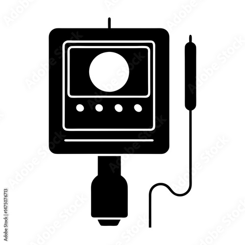 Illustration of a square device with a screen, buttons, and a connected probe on a white background