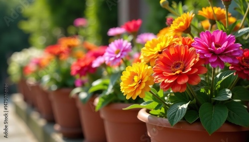 Close-up of colorful flowers blooming in terracotta pots, sunny garden scene , potting, green, garden