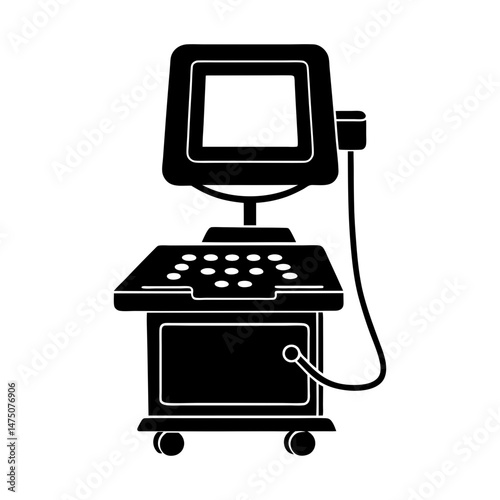 Silhouette illustration of a medical ultrasound machine with screen and control panel on wheels stand