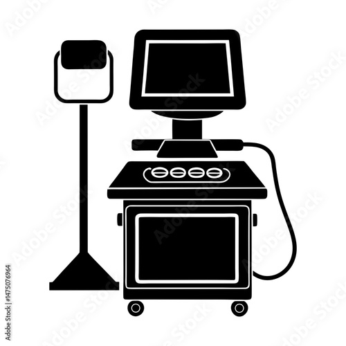 Silhouette of medical equipment with a screen and a stand on a white background image style design