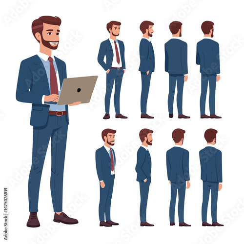  Business man. Character constructor for animation. Front, side and back view set. Body parts, postures, poses collection. Vector illustration.