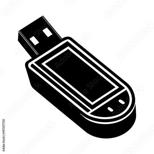 Illustration of a black usb drive with white accents on a white background in a simple vector style