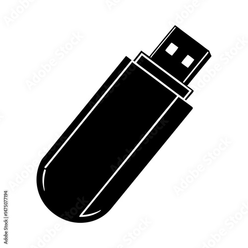Illustration of a black usb flash drive with a rectangular body and rounded end on a white background