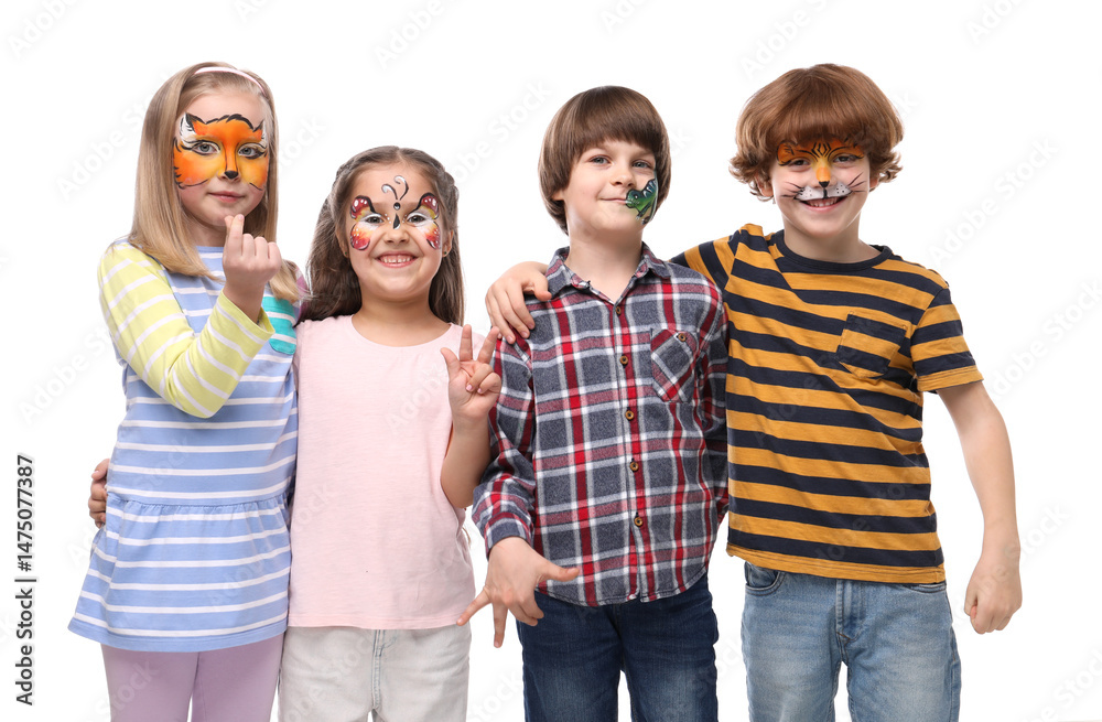 Obraz premium Group of kids with colorful face paintings on white background