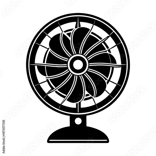 Illustration of a black and white electric fan with a round base and multiple blades design element