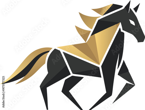 Elegant, minimalist horse logo with geometric shapes, monochrome or dual tone conveying prestige and strength
