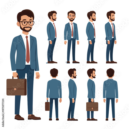  Business man. Character constructor for animation. Front, side and back view set. Body parts, postures, poses collection. Vector illustration.