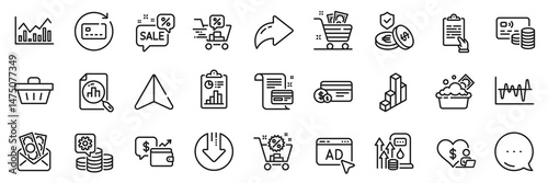 Savings insurance, Payment card and Launder money line icons pack. Share, Message, Paper plane icons. Stock analysis, Discounts cart, Ad web icon. Making money, Bribe, Grocery basket pictogram. Vector