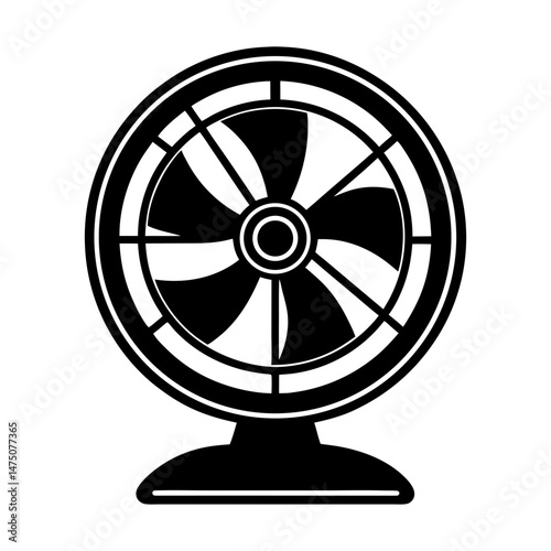 Illustration of a black and white electric fan with a circular base and blade guard design for ventilation