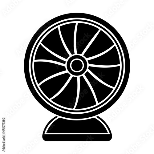 Illustration of a black and white electric fan with a circular frame and a base for standing upright