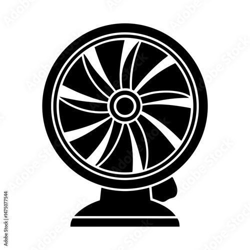 A simple black and white illustration of a standing fan with a round body and multiple blades shown