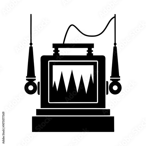 Illustration of a black and white device with hanging elements and a wire connection on top side